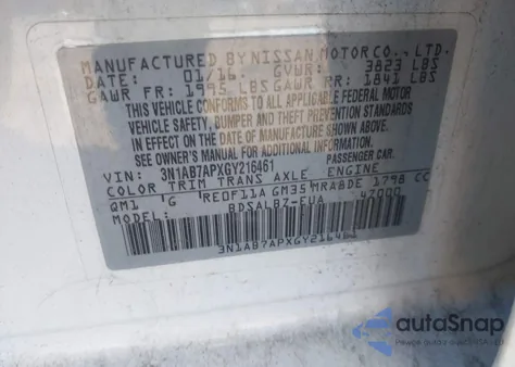 2016 Nissan Sentra Fe+ S/S/Sl/Sr/Sv из США, поврежденный, VIN 3N1AB7APXGY216461